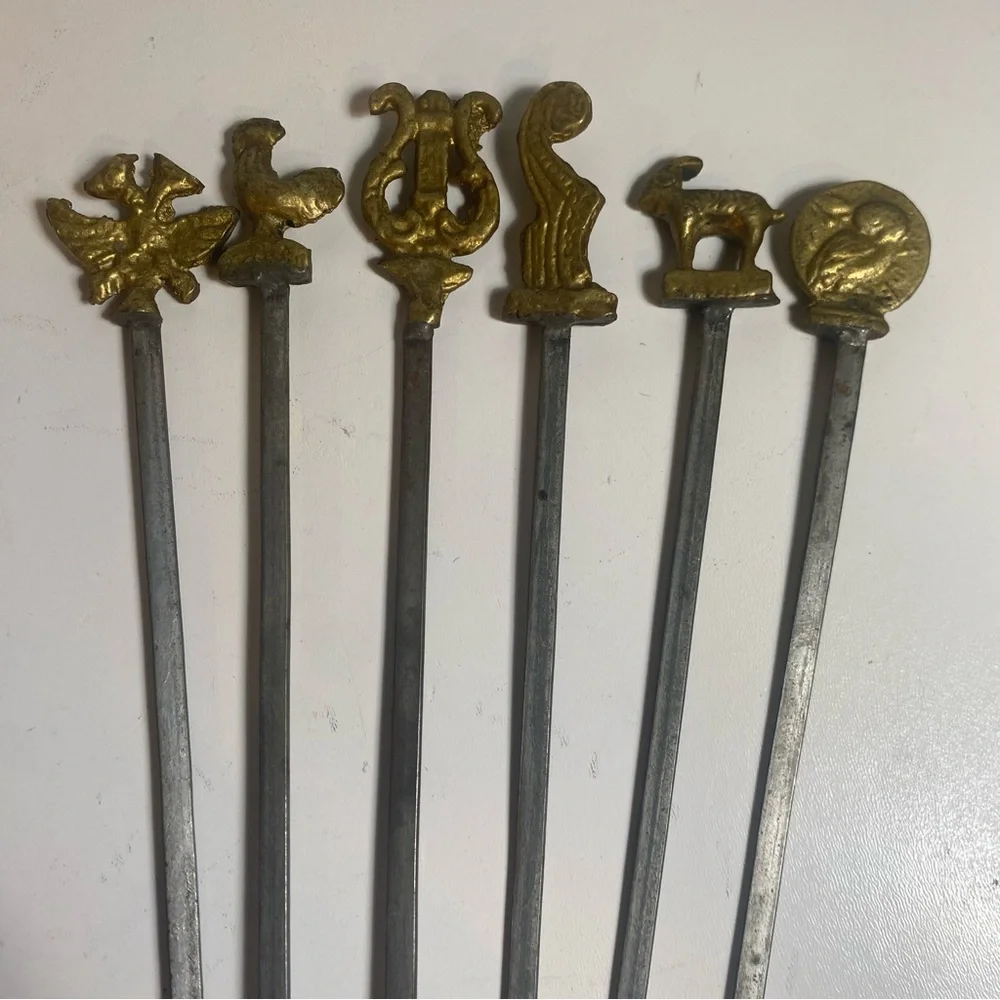 Set Of 6 Vintage Turkish Brass & Stainless Kebab Skewers Ornate Handles 14.5”